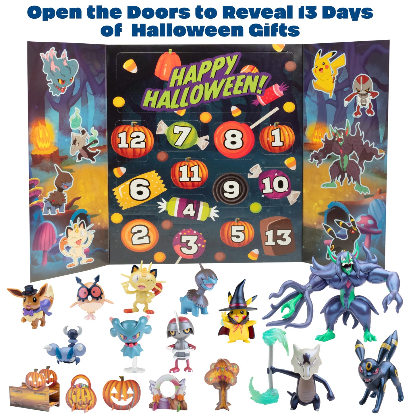 Pokemon Halloween Countdown Gift Set for Kids, 16 Piece Playset - Includes 11 Toy Character Figures & 5 Accessories - Pikachu, Eevee, Meowth & More