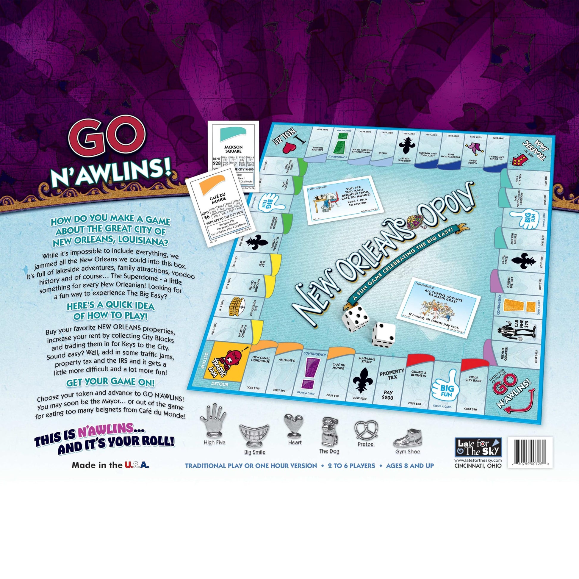 Late for The Sky New Orleans-Opoly Board Game - NOLA Property Trading Family Strategy Game for 2-6 Players, Landmarks, Quick 1-Hour Option, Party