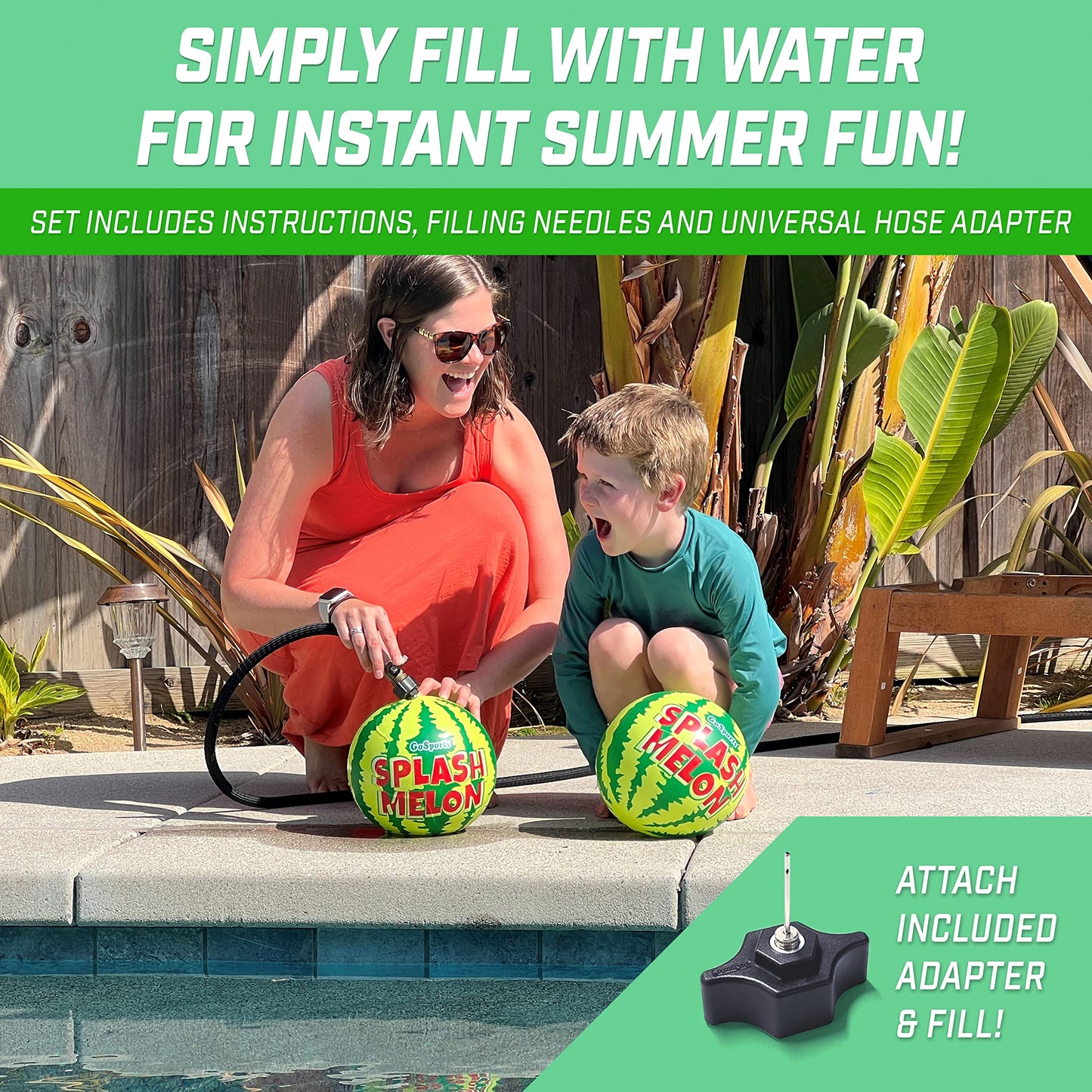 GoSports Splash Melon Pool Ball Party Toy - Includes Two 9 Inch Watermelons, Hose Fill Adapter, and 3 Needles