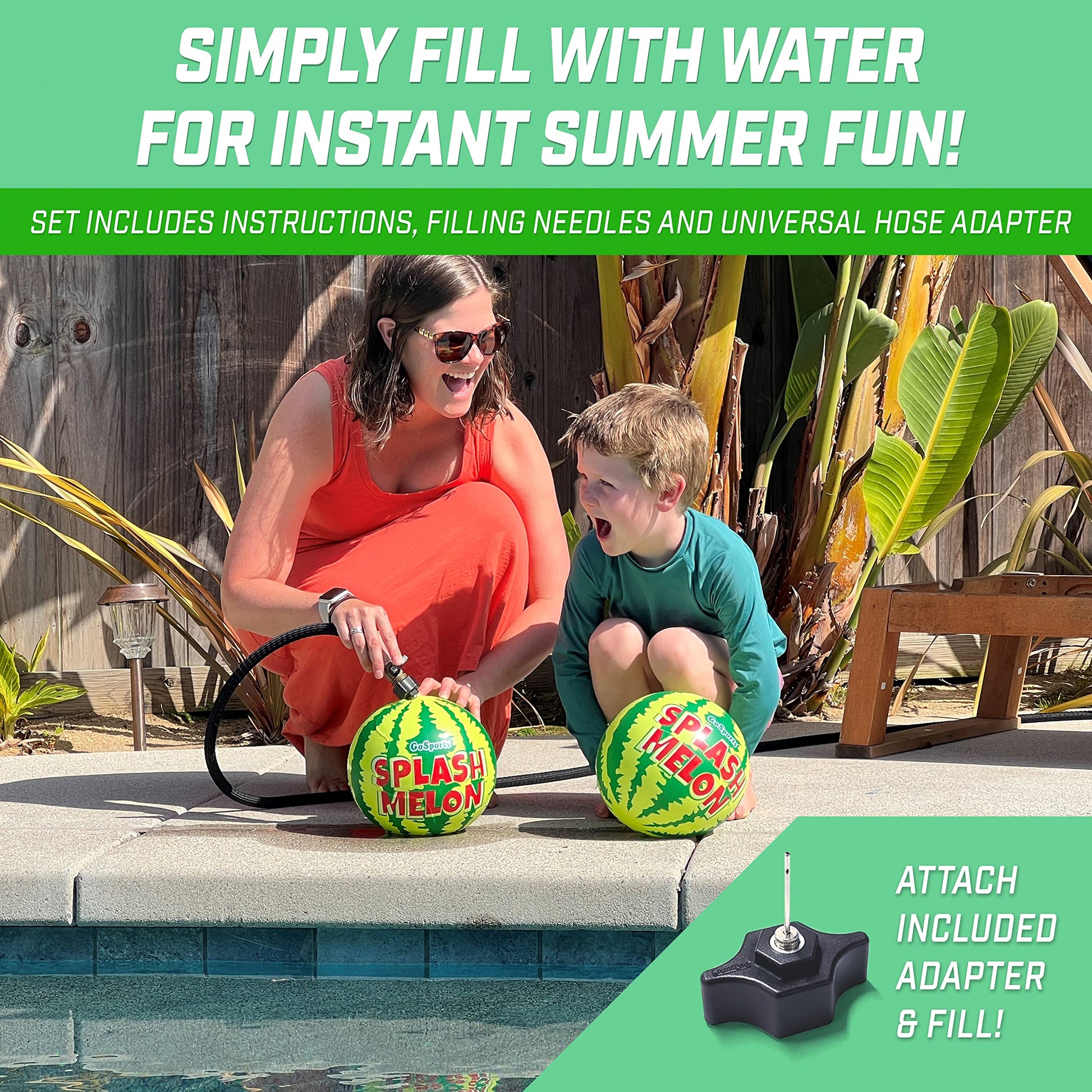 GoSports Splash Melon Pool Ball Party Toy - Includes Two 9 Inch Watermelons, Hose Fill Adapter, and 3 Needles