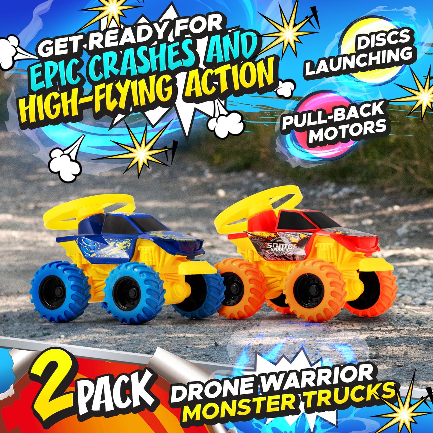 Team Power 2 Pack Monster Truck Toys Drone Warrior, Disc-Launching 5.2" Battle Trucks Pull-Back & Go, Age 3, 4-7 and Above Boys Birthday Gifts [Amazon
