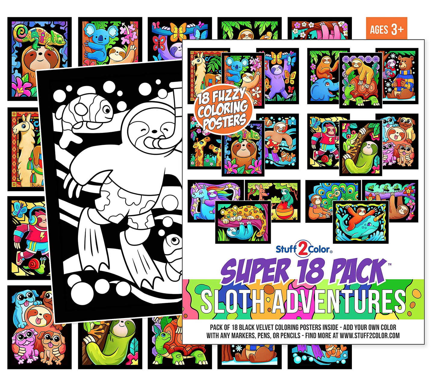 Stuff2Color Super Pack of 18 Fuzzy Velvet Coloring Posters (Sloth Adventures) - Arts & Crafts for Girls and Boys - Great for After School, Travel