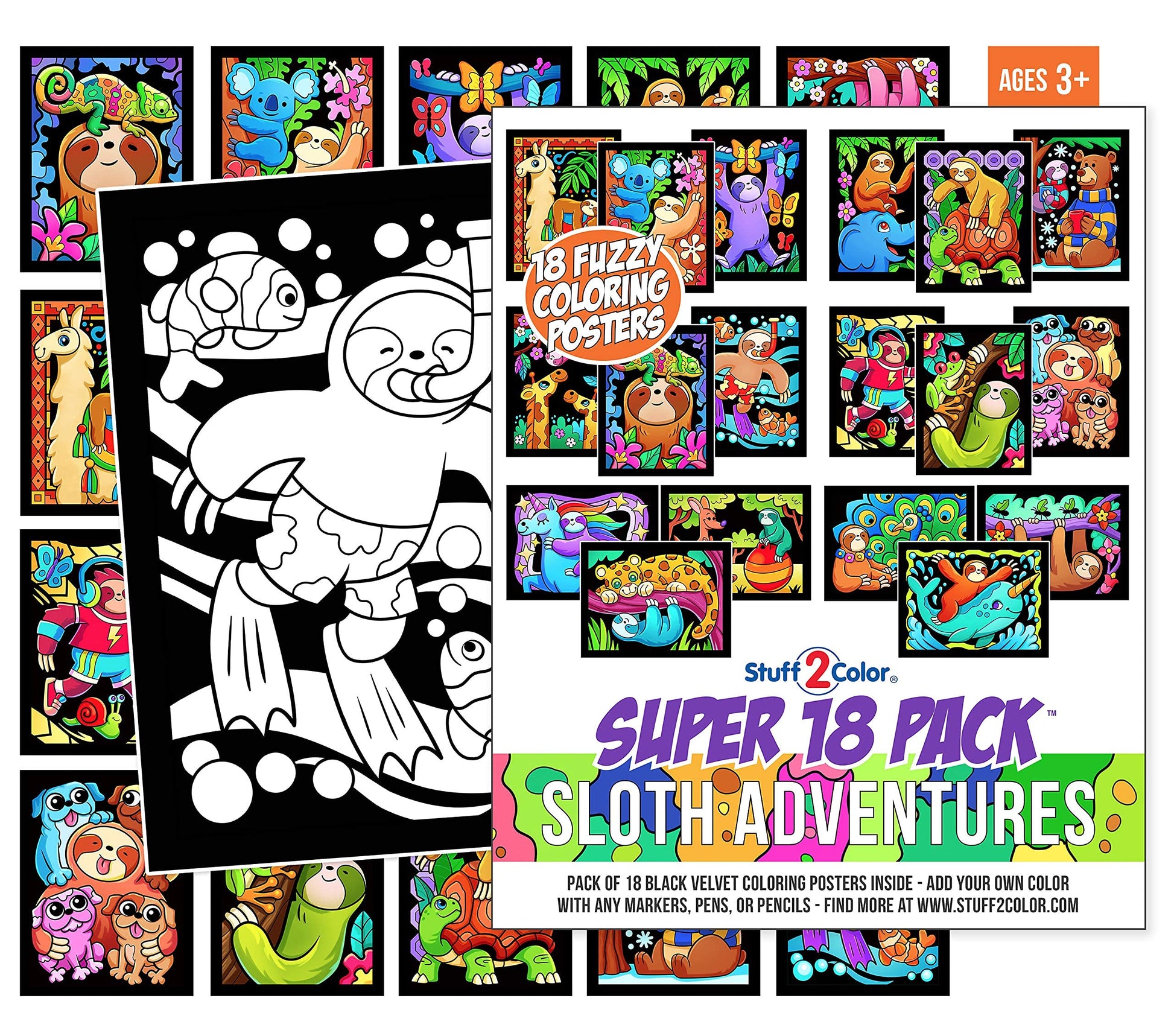 Stuff2Color Super Pack of 18 Fuzzy Velvet Coloring Posters (Sloth Adventures) - Arts & Crafts for Girls and Boys - Great for After School, Travel