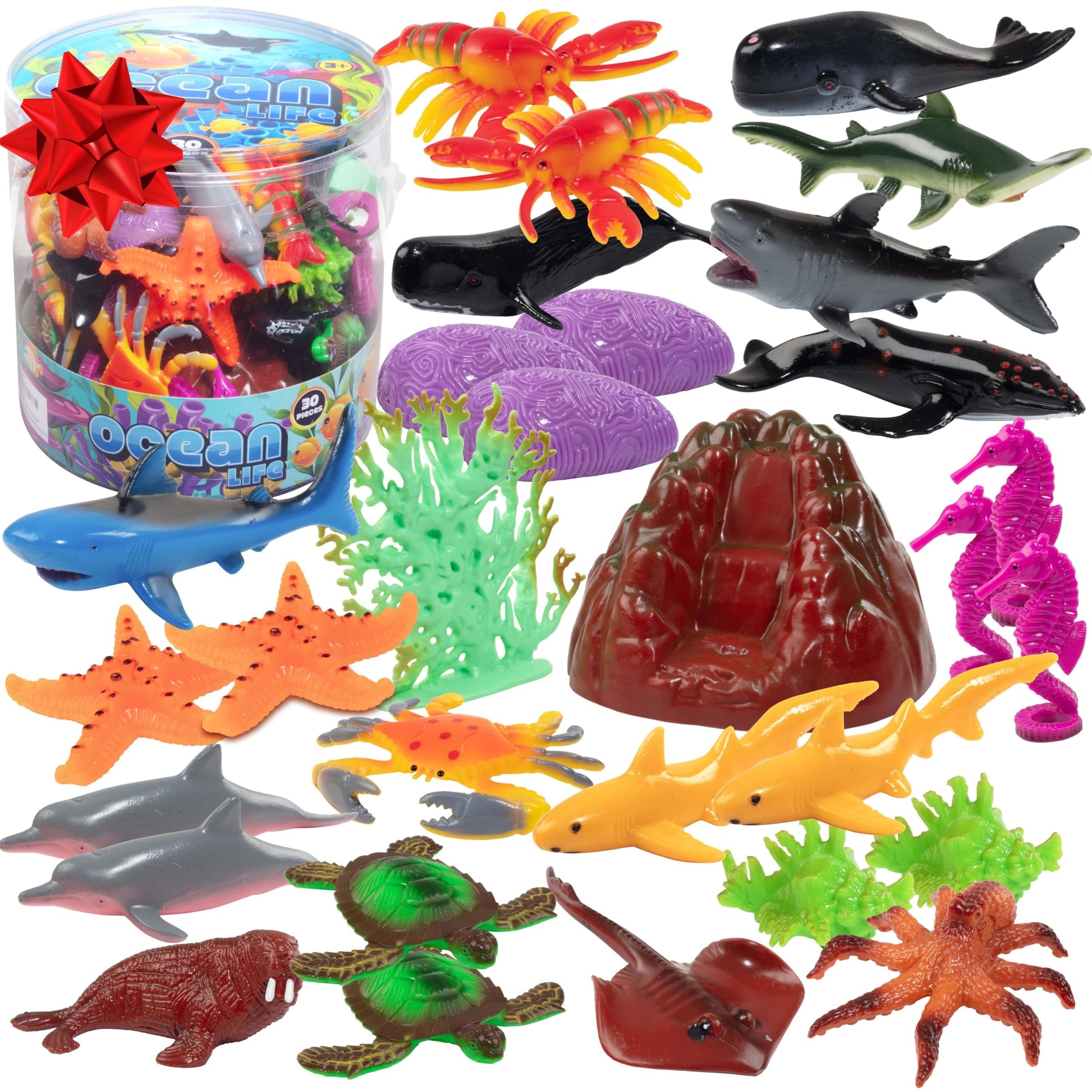 Ocean Animal Toy Figures Set (30PCS)- Marine Life Sea Creatures Playset with Sharks, Dolphins, Turtles, Crabs & More- Kids Educational Toys, Bath