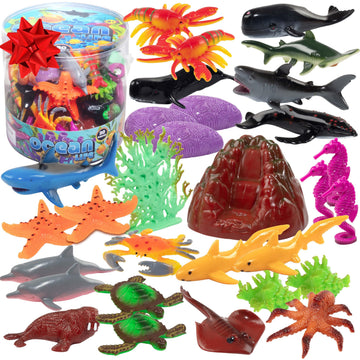 Ocean Animal Toy Figures Set (30PCS)- Marine Life Sea Creatures Playset with Sharks, Dolphins, Turtles, Crabs & More- Kids Educational Toys, Bath