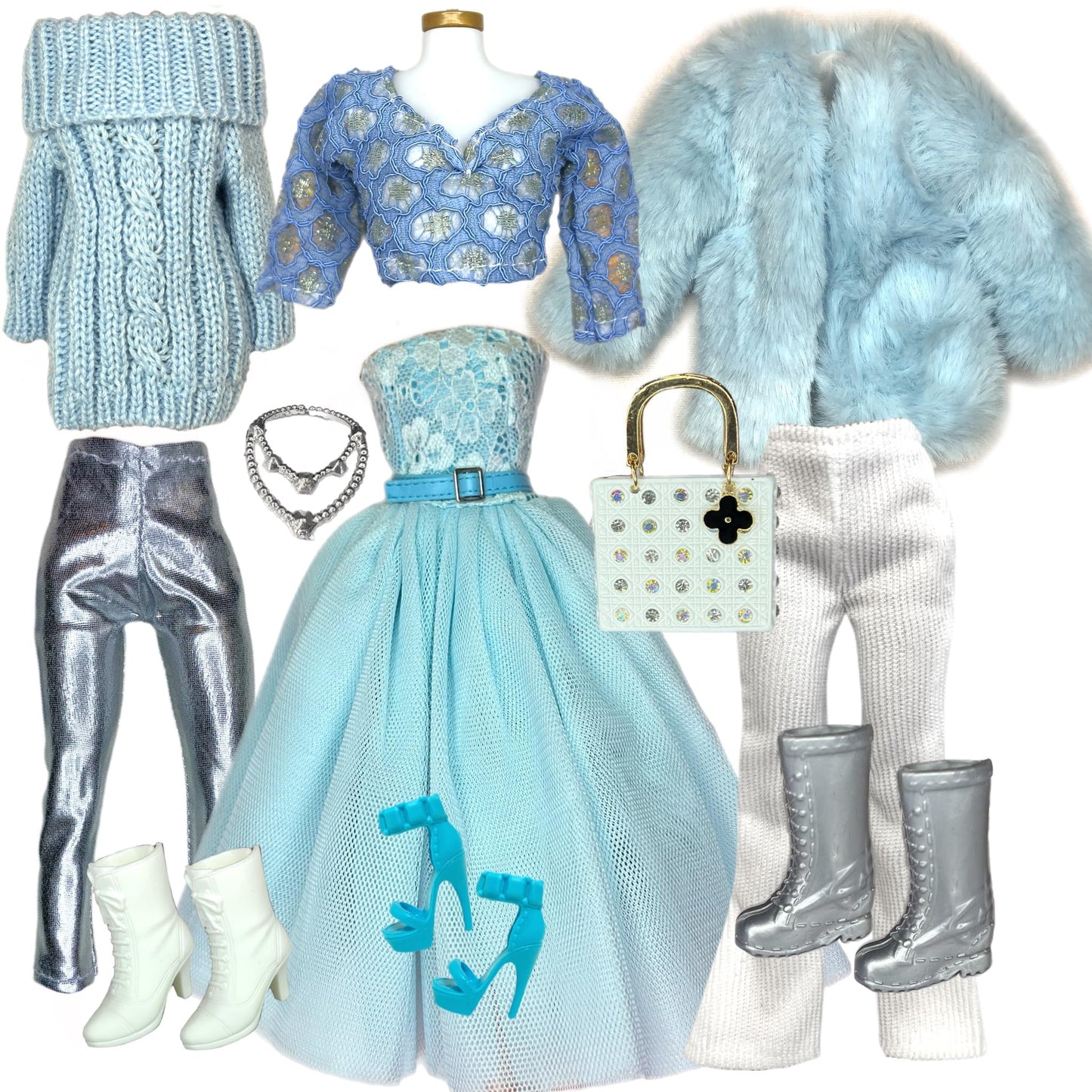Eledoll Clothes Deluxe Fashion Pack for 12 inch Fashion Doll Blue Crystal Set