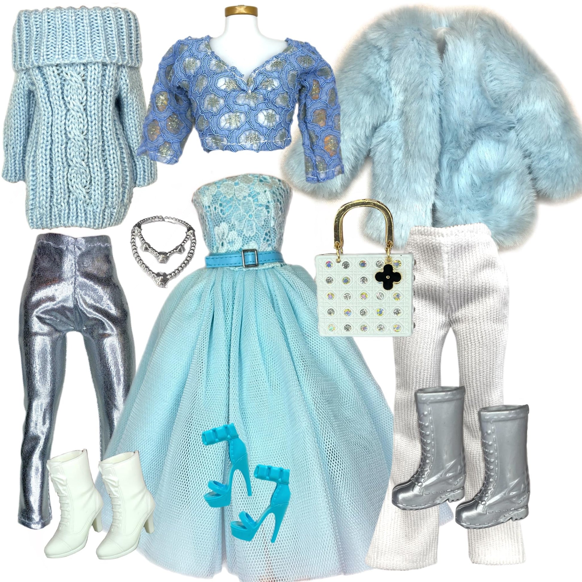 Eledoll Clothes Deluxe Fashion Pack for 12 inch Fashion Doll Blue Crystal Set