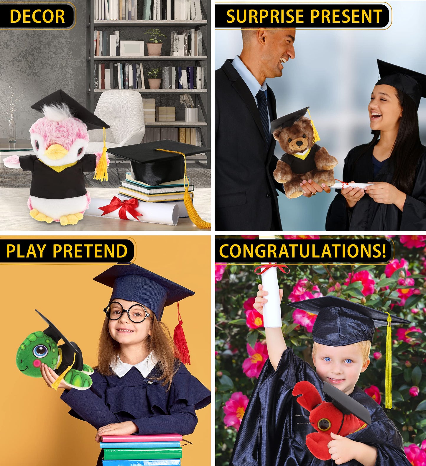 DolliBu Graduation Dress Up Set for Teddy Bear Plush Toy - Graduation Outfit for Stuffed Animals, Cute Set of Gown & Cap with Yellow Tassel for Teddy
