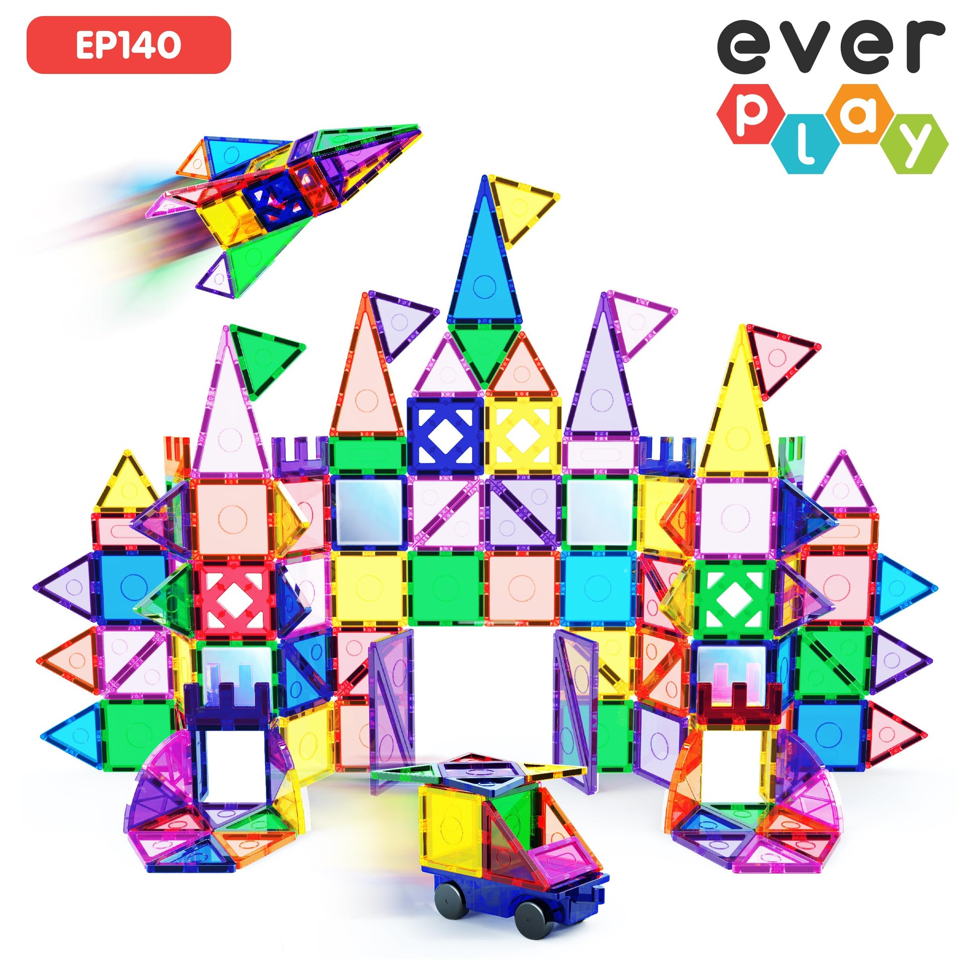 Everplay 140 pc Castle Rocket Magnetic Tiles with Car Set Building Block Toys STEM Educational Learning Magnet Toy Preschool Montessori Boys & Girls
