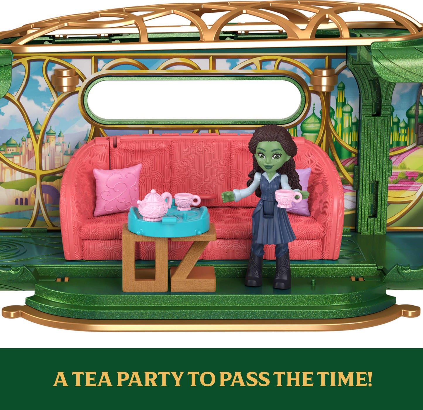 Mattel Universal Pictures’ Wicked Emerald City Train Playset with Elphaba Small Doll, 3 Play Spaces & 14 Accessories, Inspired by the Movie