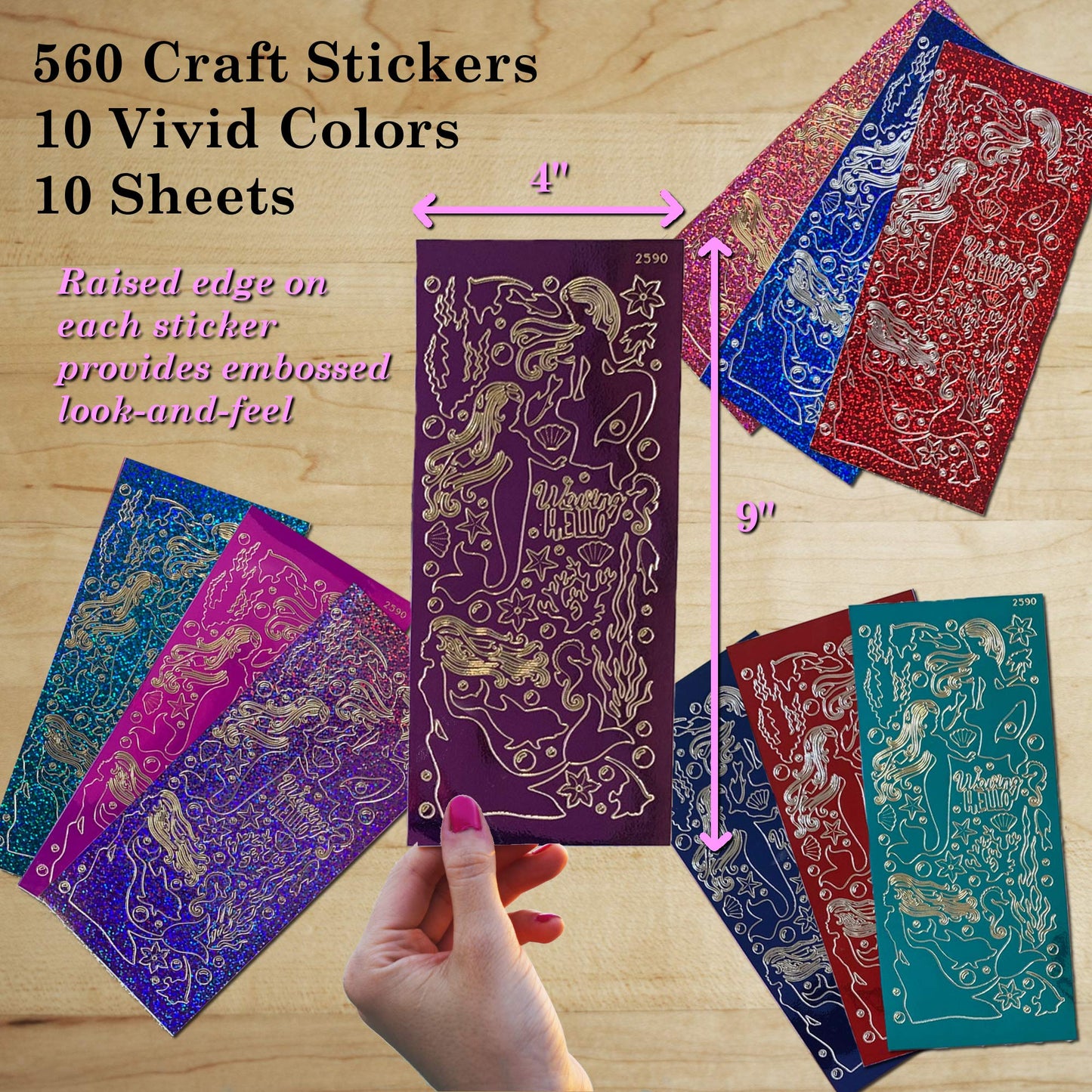 Dazzles Stickers Collection | 560 Mermaids-Themed Embossed Stickers in a Variety of Finishes & Colors for Scrapbooking, Card Making, Crafting