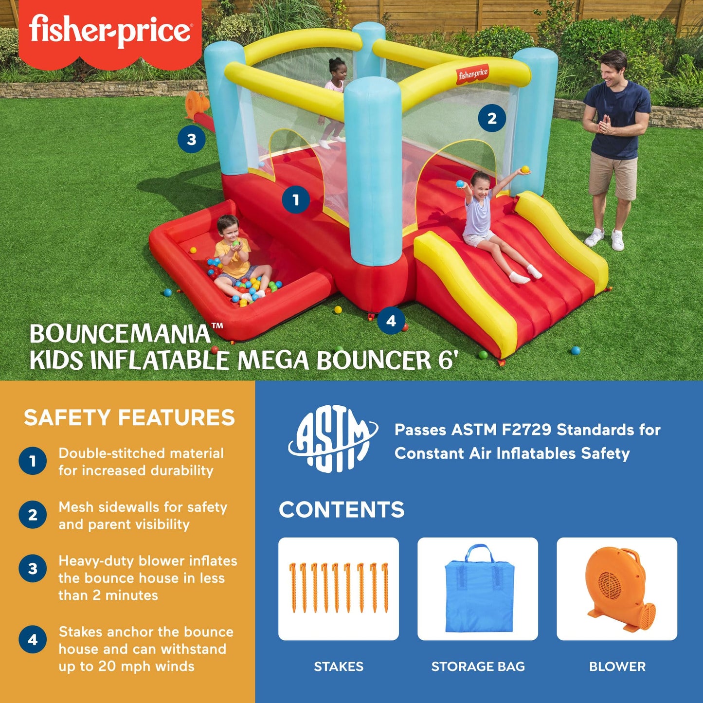 Fisher-Price Bouncemania Inflatable Mega Bouncer Bouncy House with 50 Play Balls, Multicolor