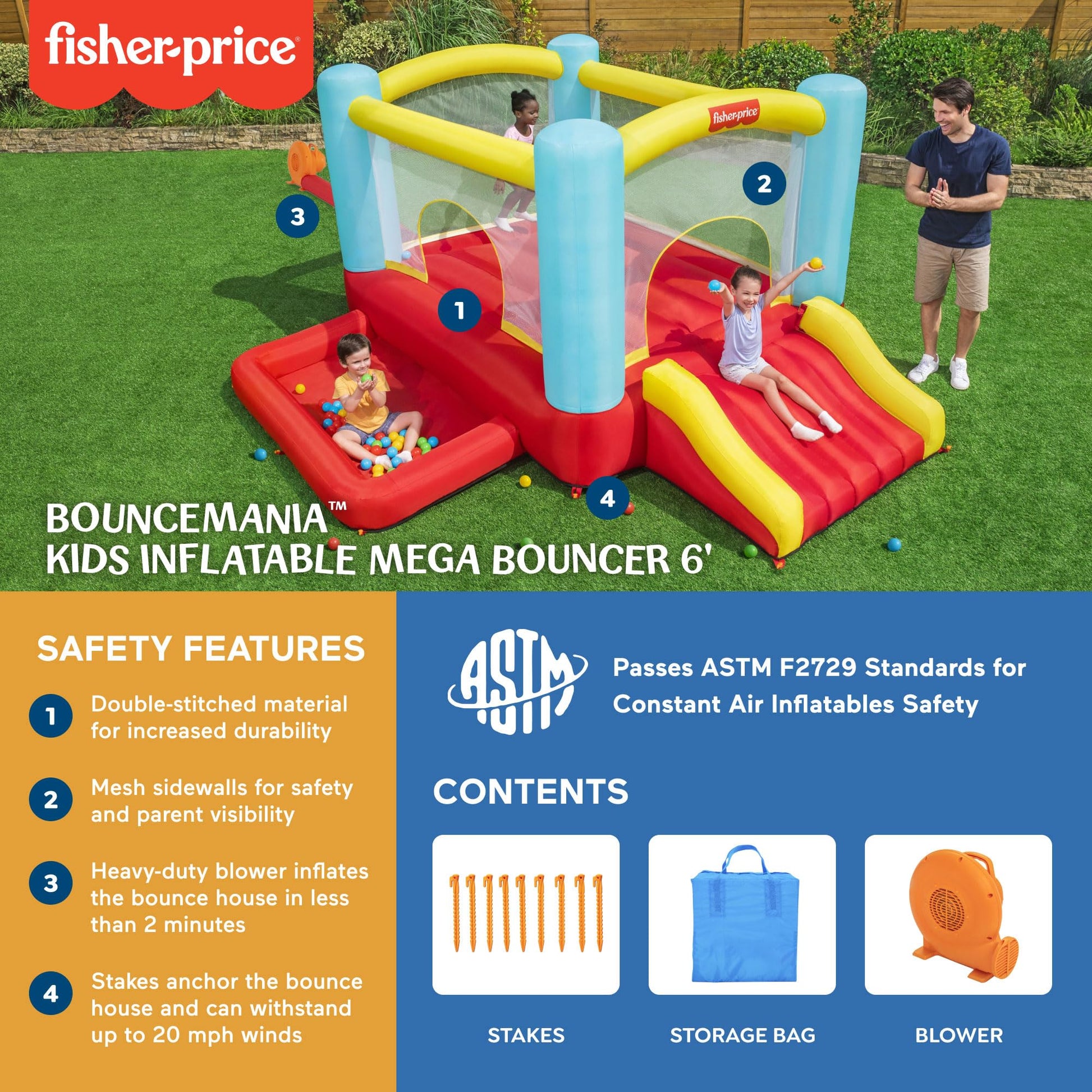 Fisher-Price Bouncemania Inflatable Mega Bouncer Bouncy House with 50 Play Balls, Multicolor