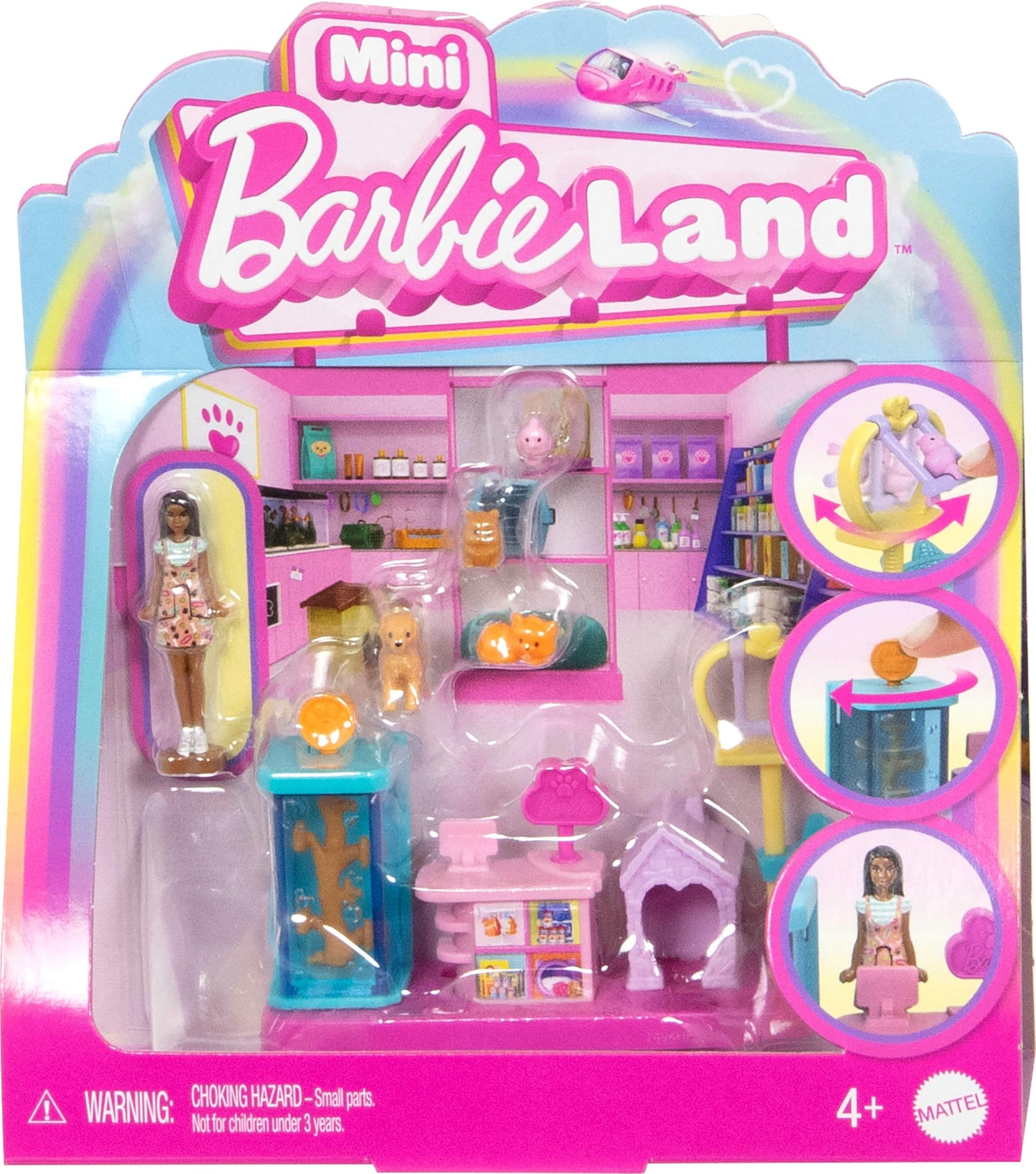 Barbie Mini BarbieLand Collectible Pet Boutique Playset with 1 1/2-Inch Doll, Product Display, Check Out Stand, Pet House & Cat Baskets