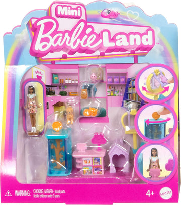 Barbie Mini BarbieLand Collectible Pet Boutique Playset with 1 1/2-Inch Doll, Product Display, Check Out Stand, Pet House & Cat Baskets