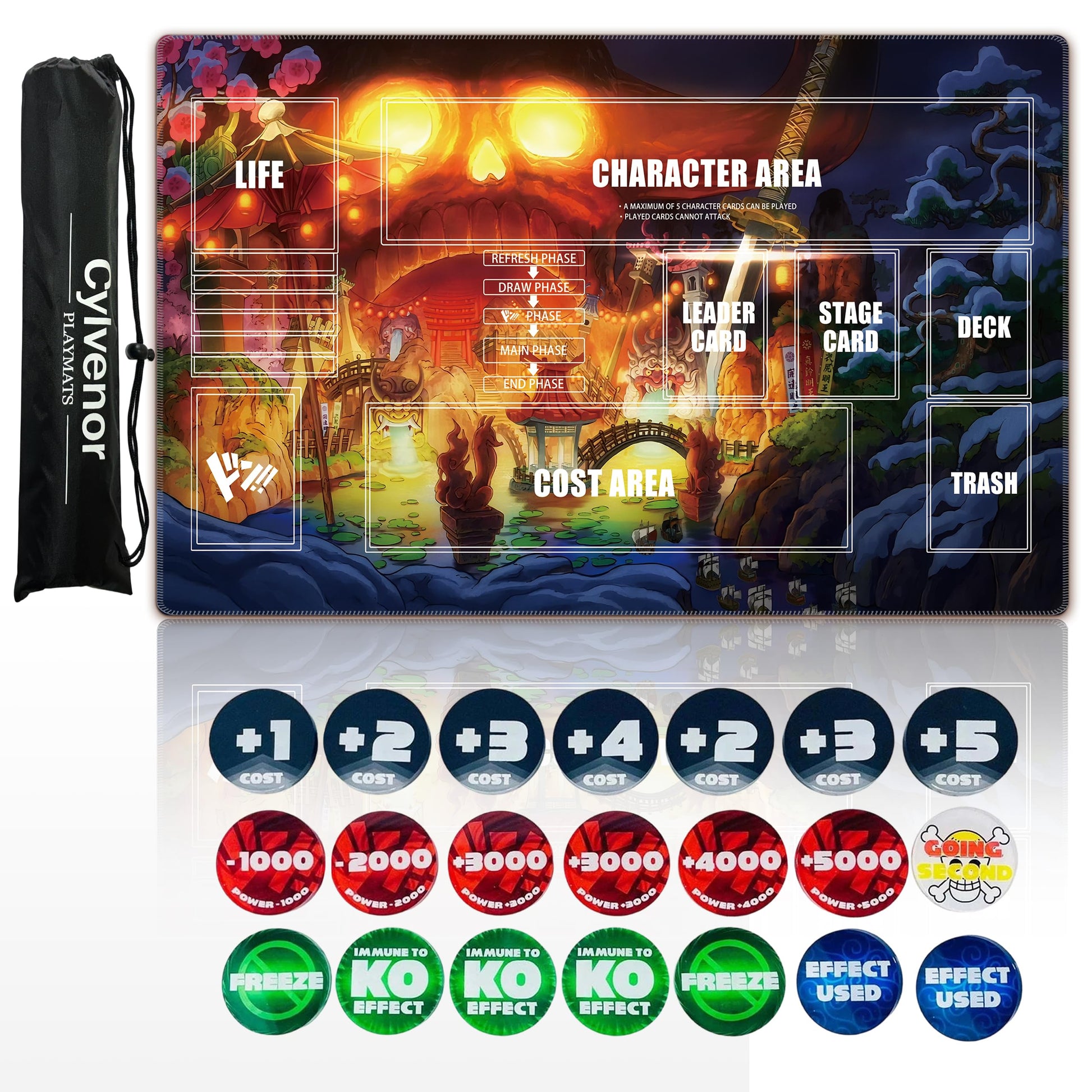 Cylvenor for one piece TCG playmat - 24x14 inches Rubber Card Game mat with Marked Areas, 20 Acrylic counters & Storage Bag for one piece Card Game