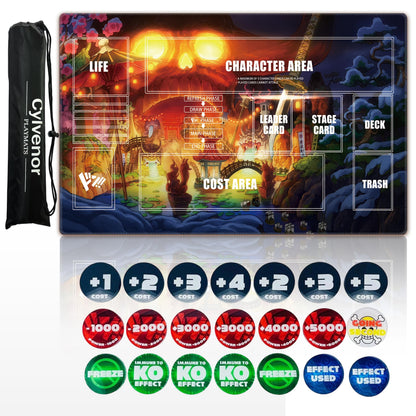 Cylvenor for one piece TCG playmat - 24x14 inches Rubber Card Game mat with Marked Areas, 20 Acrylic counters & Storage Bag for one piece Card Game