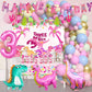 Pink Three Dino Rex Birthday Party Decorations Dinosaur 3rd Birthday Décorations Three inspired Rex Birthday Party Supplies include balloon backdrop