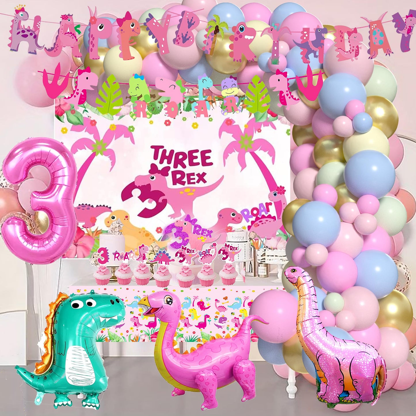 Pink Three Dino Rex Birthday Party Decorations Dinosaur 3rd Birthday Décorations Three inspired Rex Birthday Party Supplies include balloon backdrop