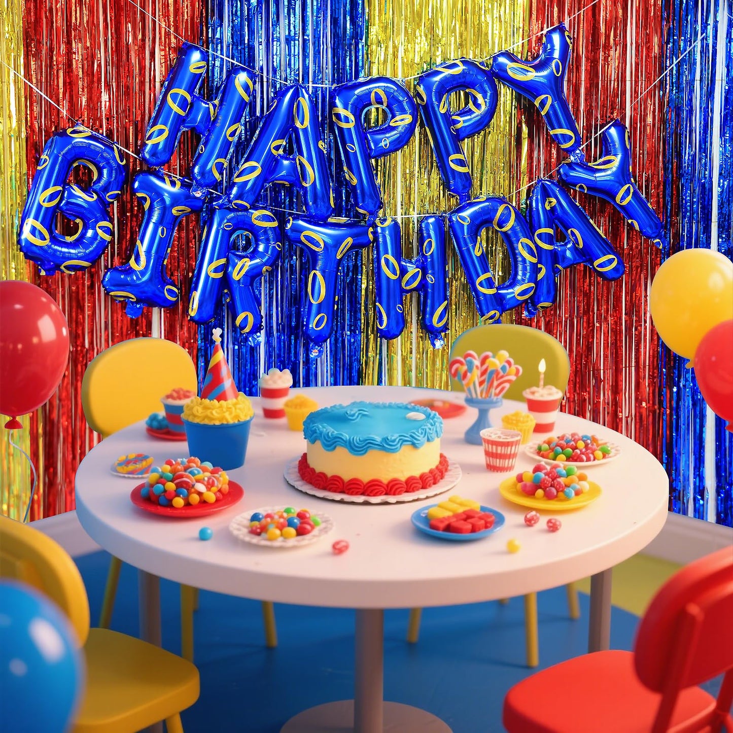 Cartoon Blue Hedgehog Theme Happy Birthday Banner Party Decorations Supplies Blue and Gold Ring Print Balloons Letters Signs Backdrop for Boys Kids