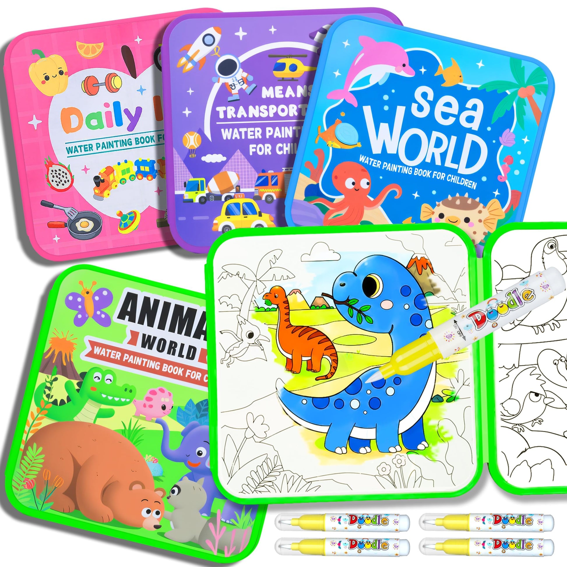 Reusable Water Coloring Books for Toddlers 1-3, Mess-Free Water Painting Book Set With Water Pens(Airplane & Dinosaur) Travel Art Craft Activity Toys