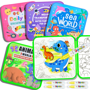 Reusable Water Coloring Books for Toddlers 1-3, Mess-Free Water Painting Book Set With Water Pens(Airplane & Dinosaur) Travel Art Craft Activity Toys