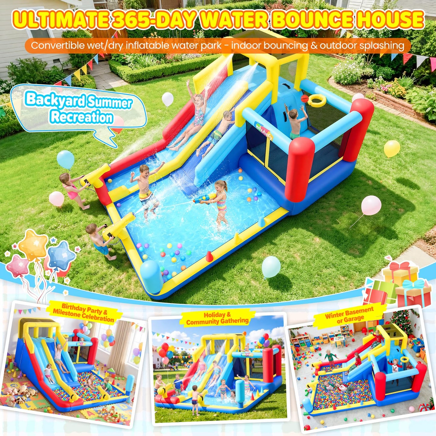 Inflatable Water Slide Bounce House, Upgrade 10-in-1 Water Slide Park with Water Gun/Spalish Pool/Jumping Area, Max Total Load Capacity 400 Lbs,