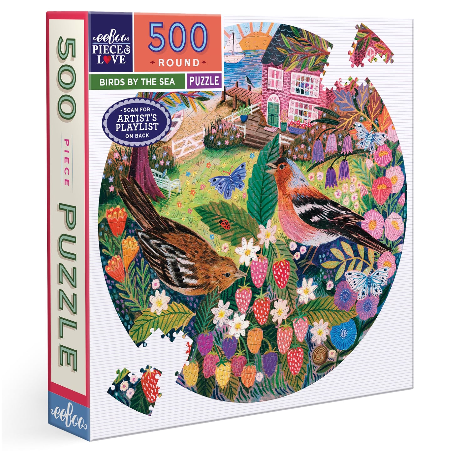 eeBoo Birds By the Sea 500 Piece Round Jigsaw Puzzle, 23" Diameter