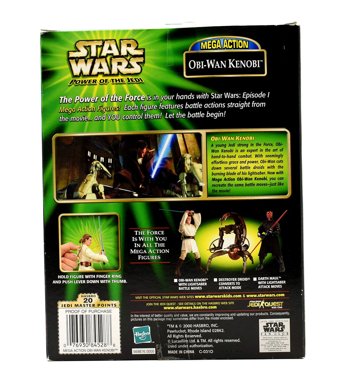 Star Wars 2000 - Hasbro Power of The Jedi - Mega Action - OBI-Wan Kenobi - 6 Inch Action Figure - Battel Moves Lightsaber - New - Out of Production -