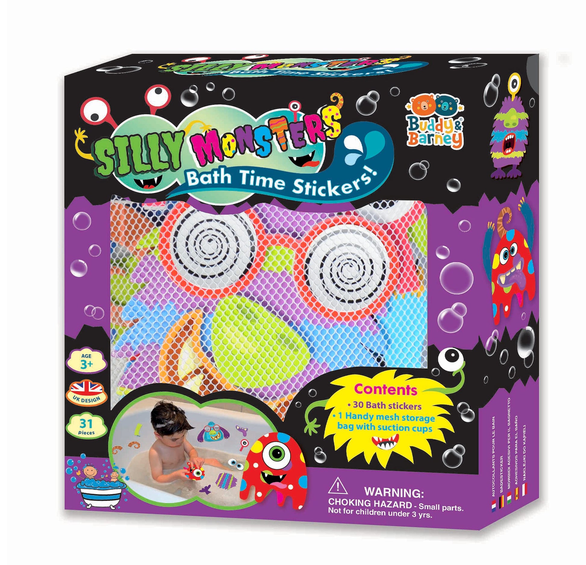 Buddy & Barney Silly Monsters Bath Stickers, Monster Foam Stickers Bath Toy for Children 3+, Pack of 30 Reusable Stickers, Bathtub, Tub, Shower, Boys