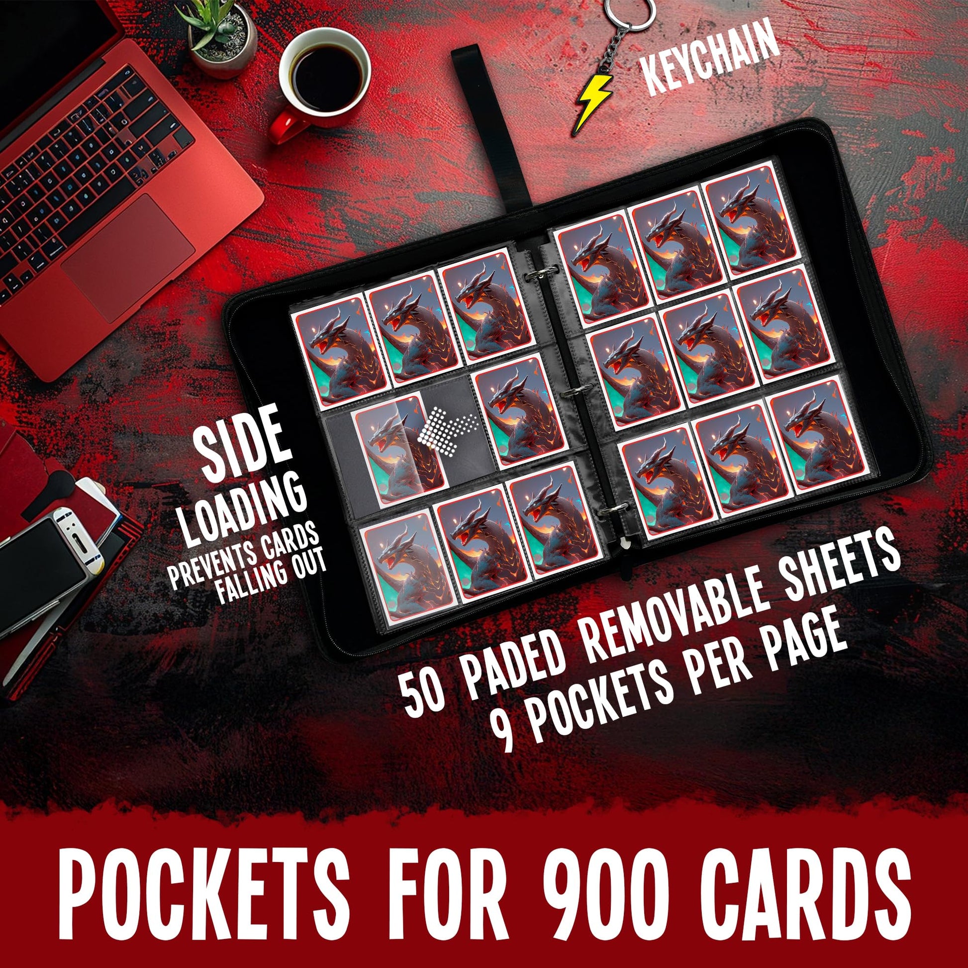 Trading Card Binder 9-Pocket - Display Pocket & ID Slot, Holds 900 Cards, Zippered 3-Ring Card Album with 50 Removable Sleeves for TCG/Sports Cards +
