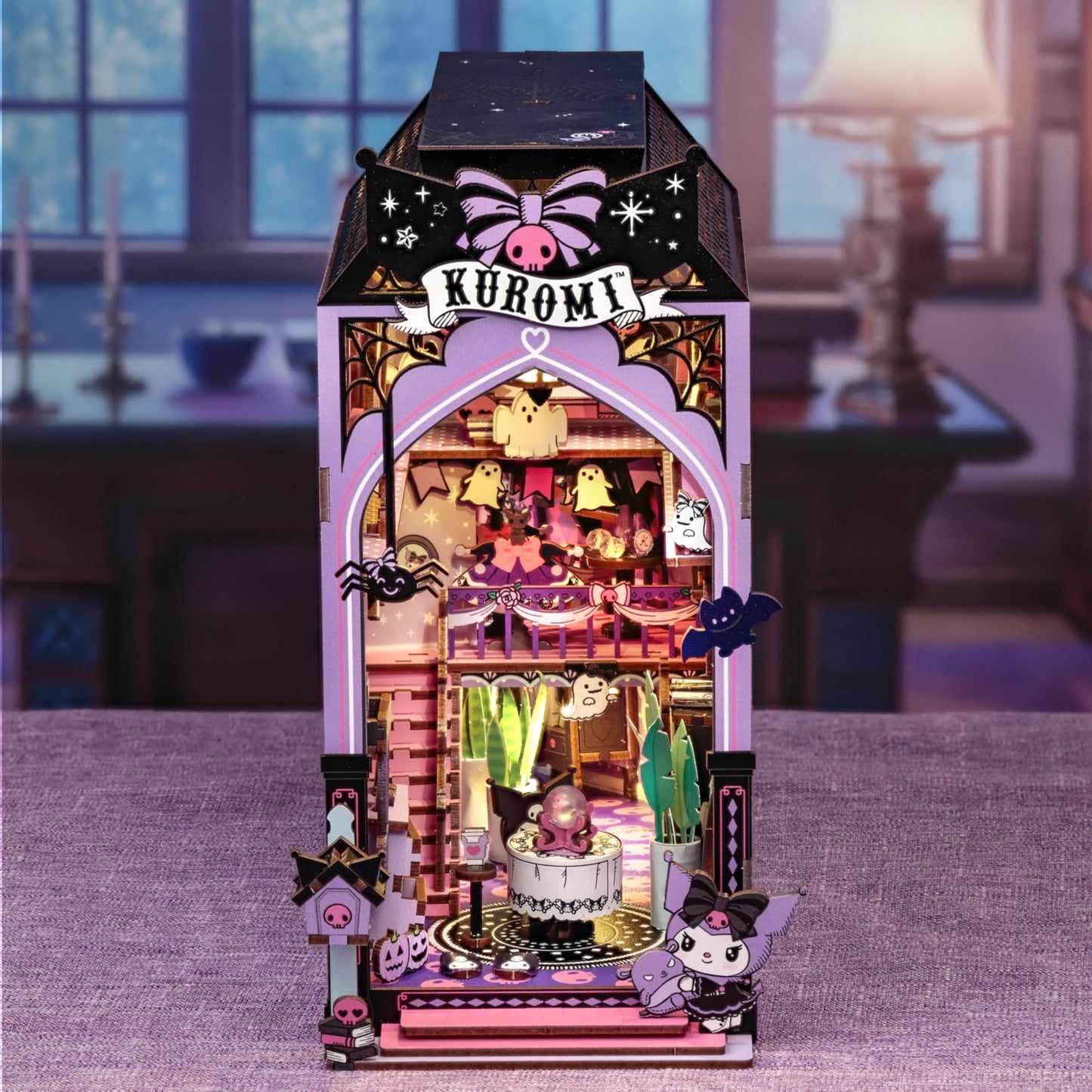 Hands Craft Kuromi Spooky House DIY Book Nook Kit - Official Sanrio Miniature Shelf Insert with Touch LED - 283-Piece 3D Puzzle for Adults & Teens