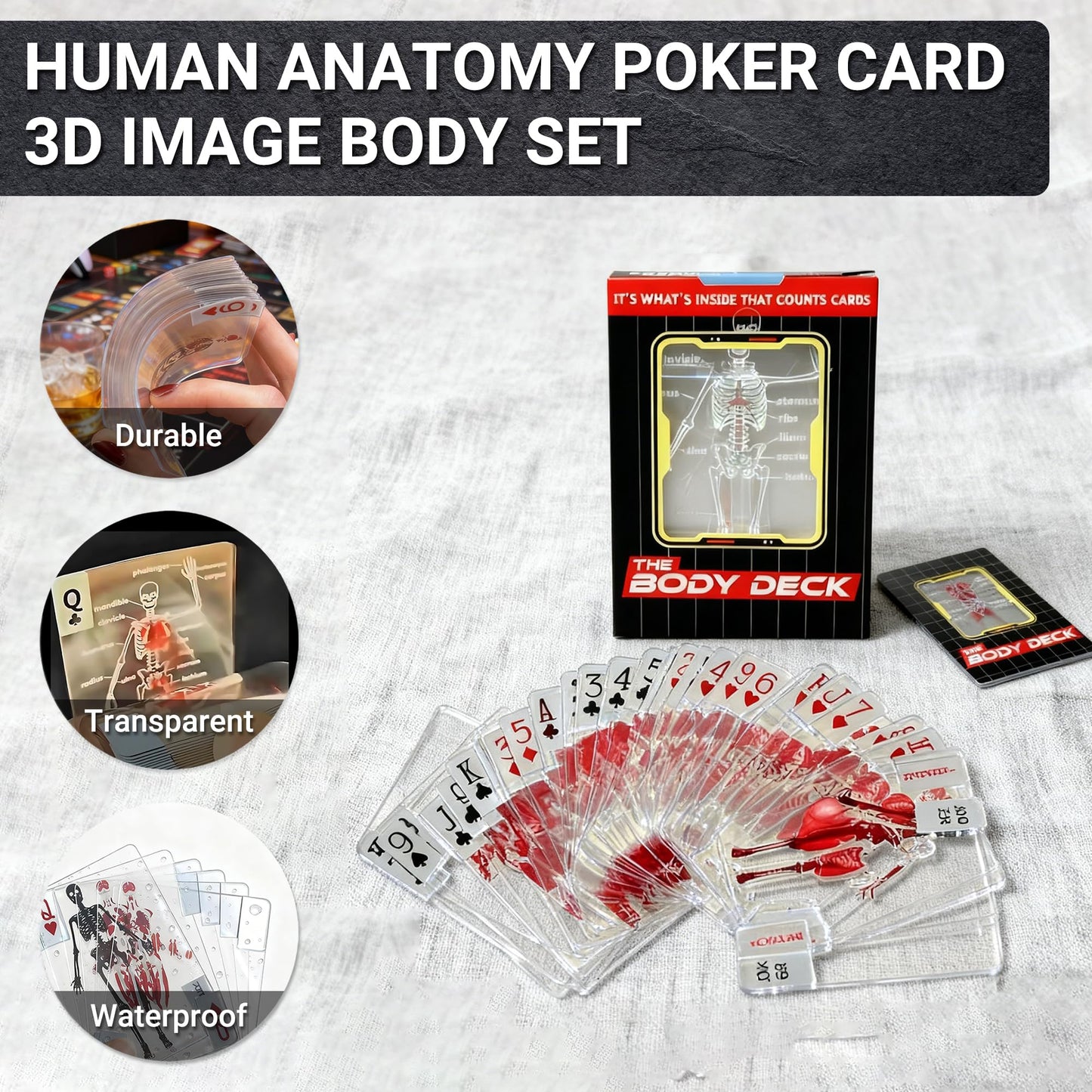 MXHLXRMP Human Anatomy Poker Card -3D Image Body Set, Waterproof Transparent Deck, Essential for Doctors, Nurses, Educators, and Collectors