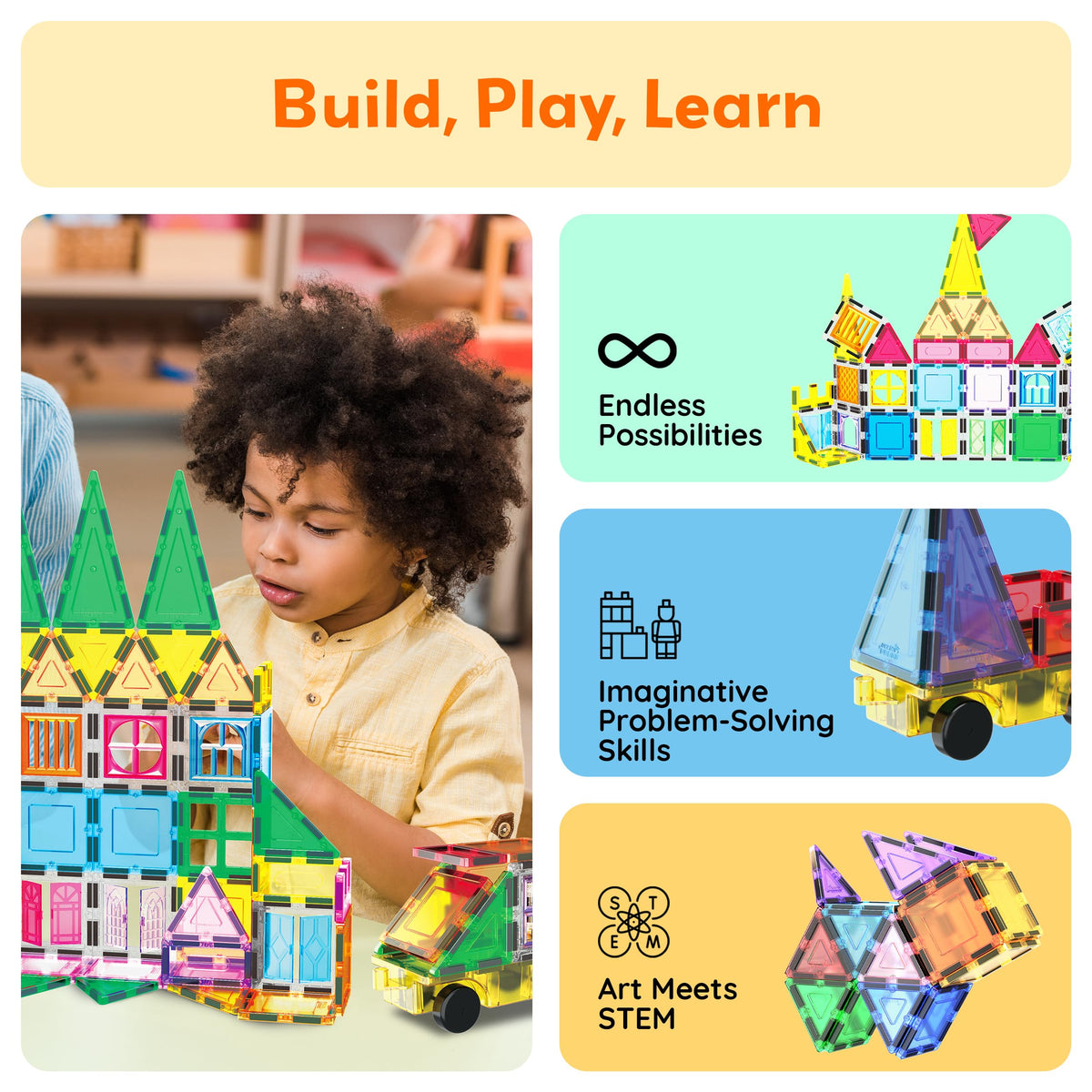 PicassoTiles 240pc Magnetic Tiles Building Set with Storage Bag Themed Stickers and Car Base Magnet Tile STEM Sensory Fun Creative Learning Classroom