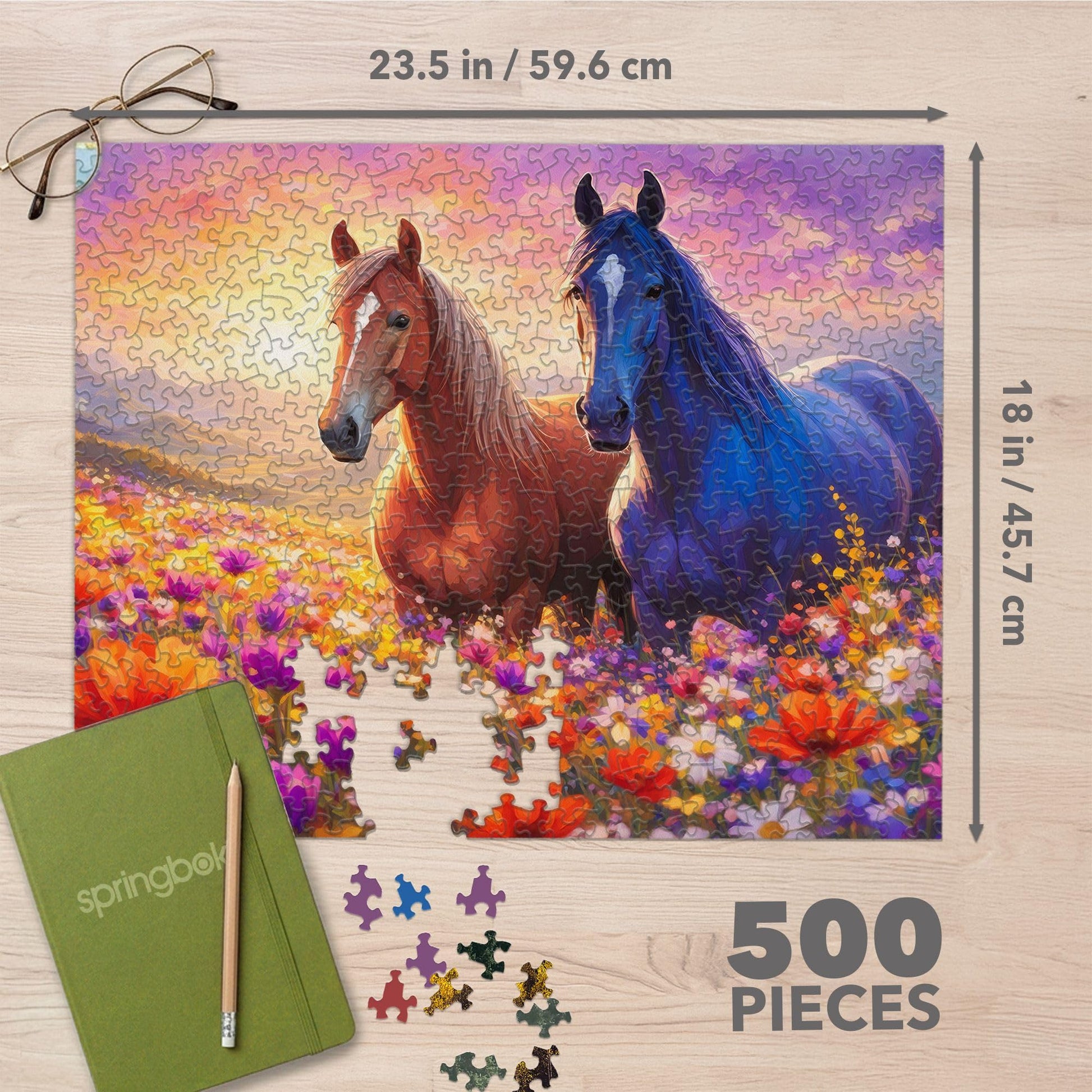 Springbok Steeds in Spring 500 Piece Jigsaw Puzzle for Adults - Wild Horses in Blooming Flower Field - Poster Now Included - Unique Cut Pieces - Made