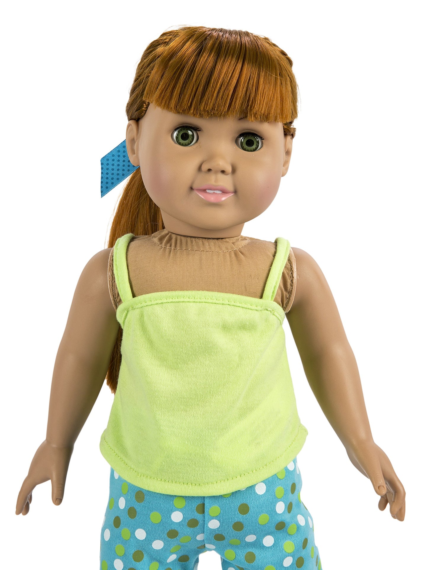 Fibre Craft The Springfield Collection Pajama Outfit, Green Top, Dot Pants, Slippers and Ribbon