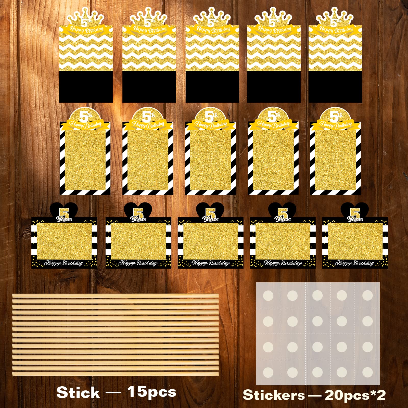MEFENG 15Pcs 5th Birthday Picture Centerpiece Sticks - Black Gold - Photo Table Toppers for Kids - Happy 5 Years Old Party Supplies