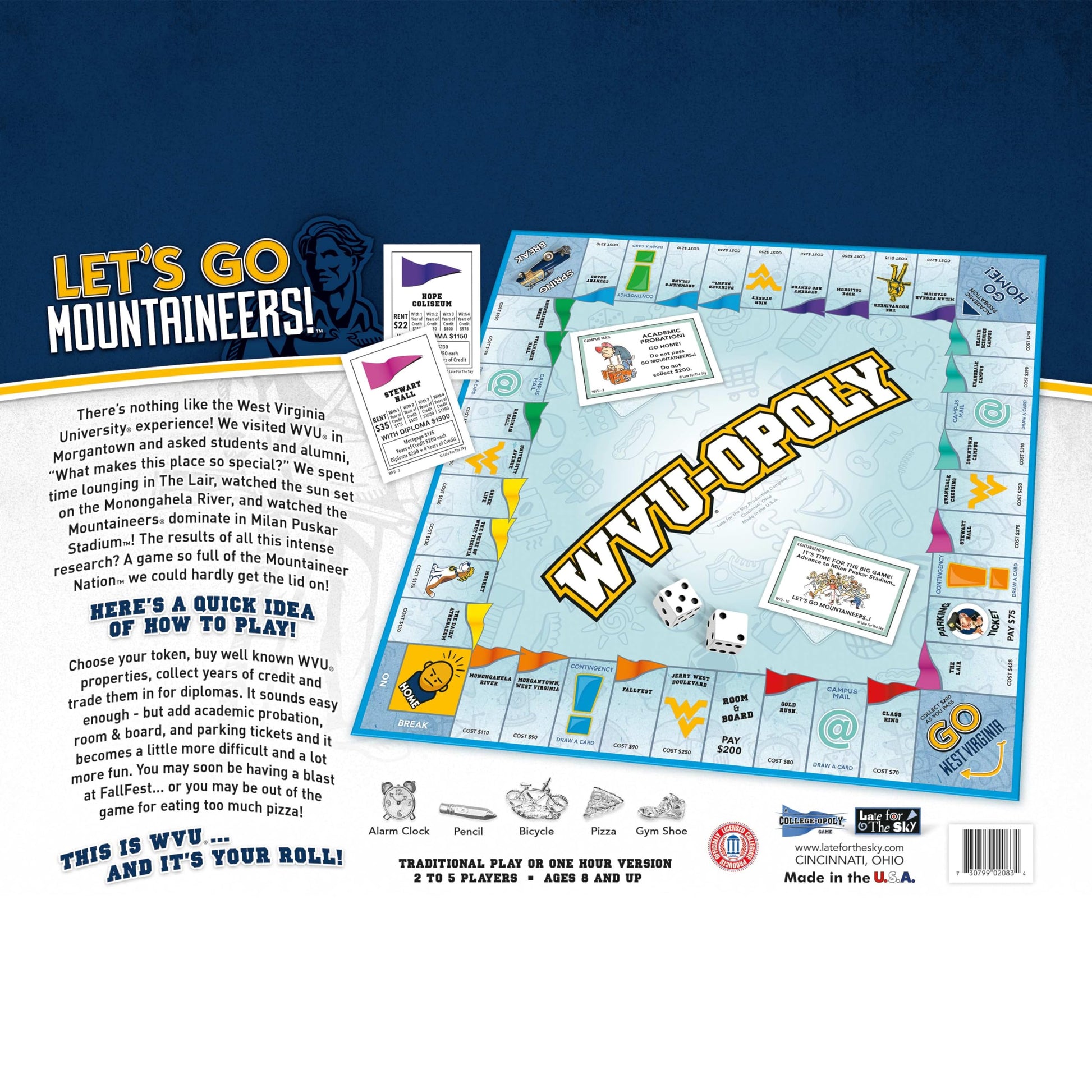 Late for the Sky West Virginia-Opoly Board Game - WVU Campus Edition, Family Strategy Game for 2-6 Players, College Town Tokens, Fast One-Hour or