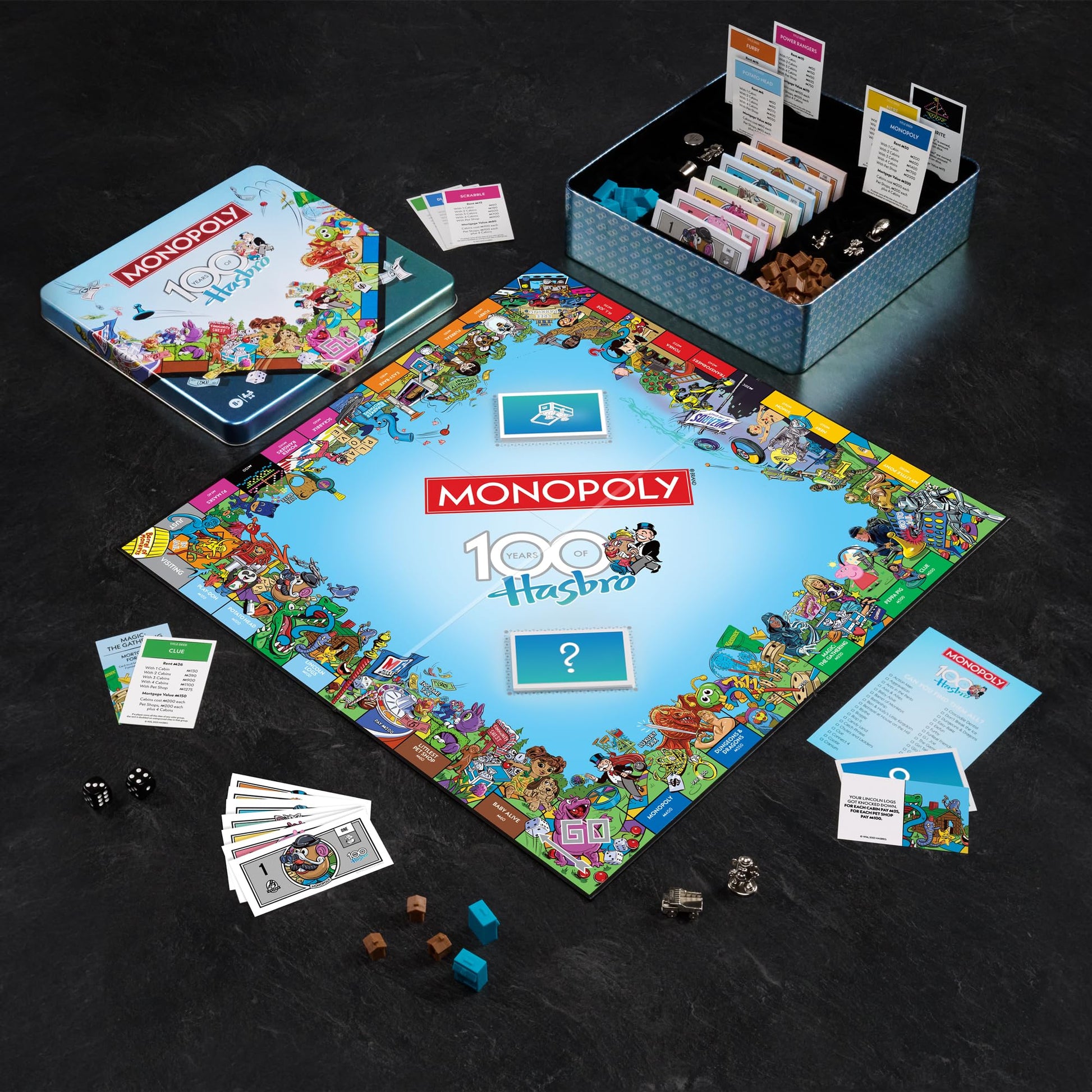 WS Game Company Monopoly Hasbro 100th Anniversary Edition Board Game in Special Edition Embossed Metal Tin with Bespoke Artwork & Eight Exclusive