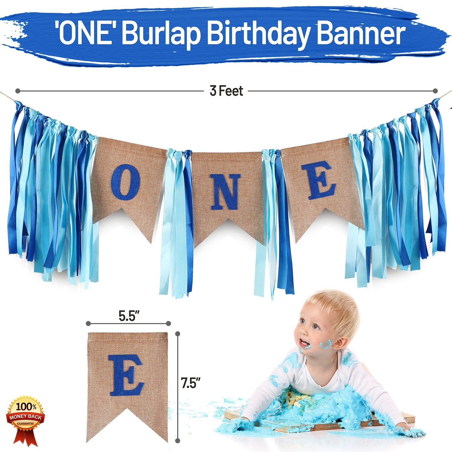Baby 1st Birthday Boy Decorations with Crown - Baby Boy First Birthday Decorations High Chair Banner - Cake Smash Party Supplies - Happy Birthday ONE