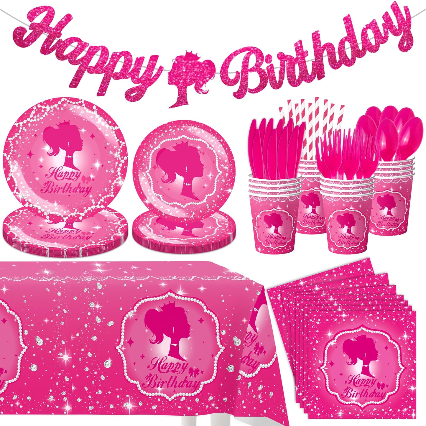 KULUJIA 162-Piece Hot Pink Birthday Tableware Set for 20 Guests