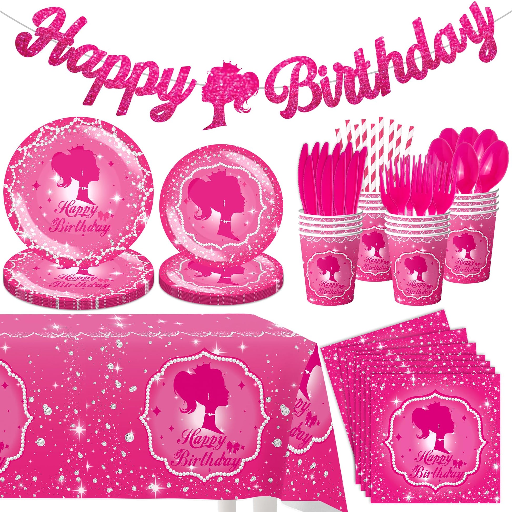 KULUJIA 162-Piece Hot Pink Birthday Tableware Set for 20 Guests
