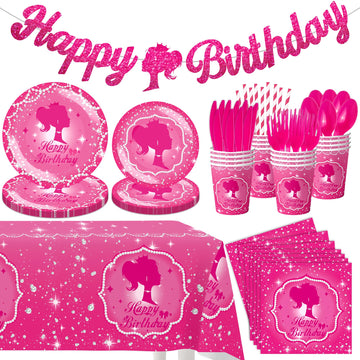 KULUJIA 162-Piece Hot Pink Birthday Tableware Set for 20 Guests