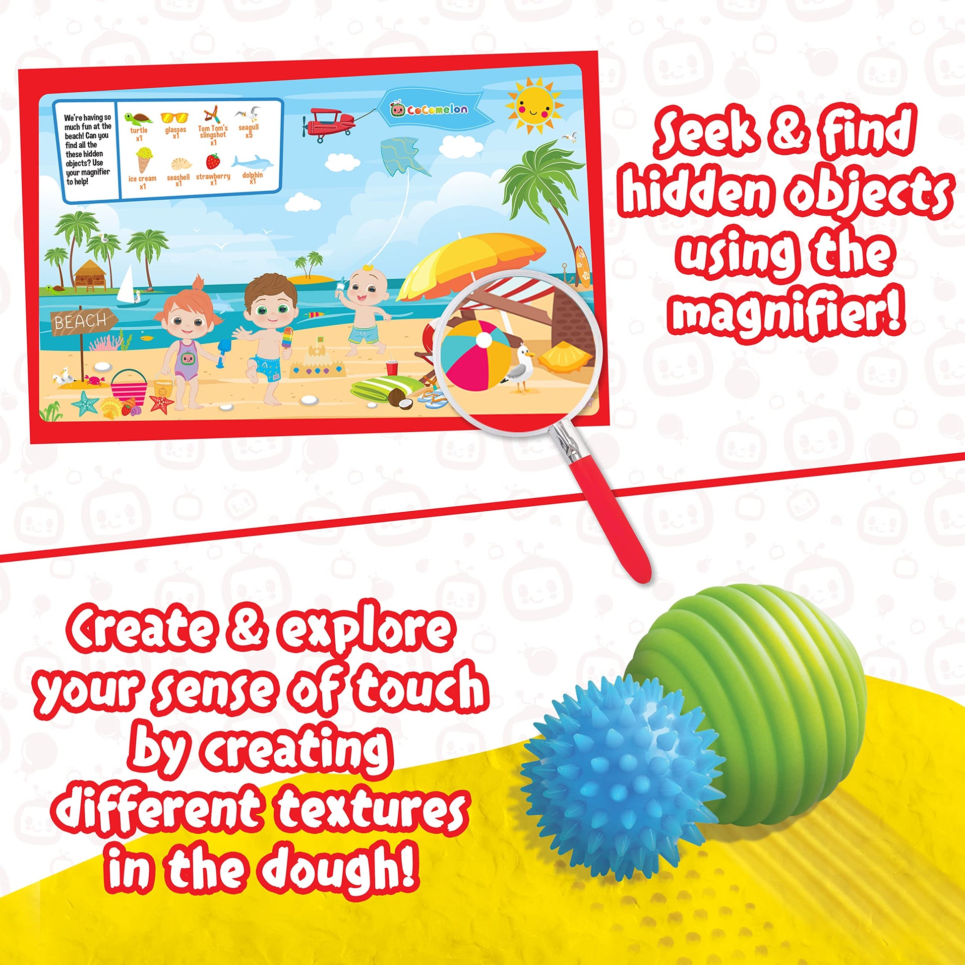 Cocomelon Kids Sensory Science Kit - 5 Experiments - Scented Dough, Textured Balls and Magnifier.
