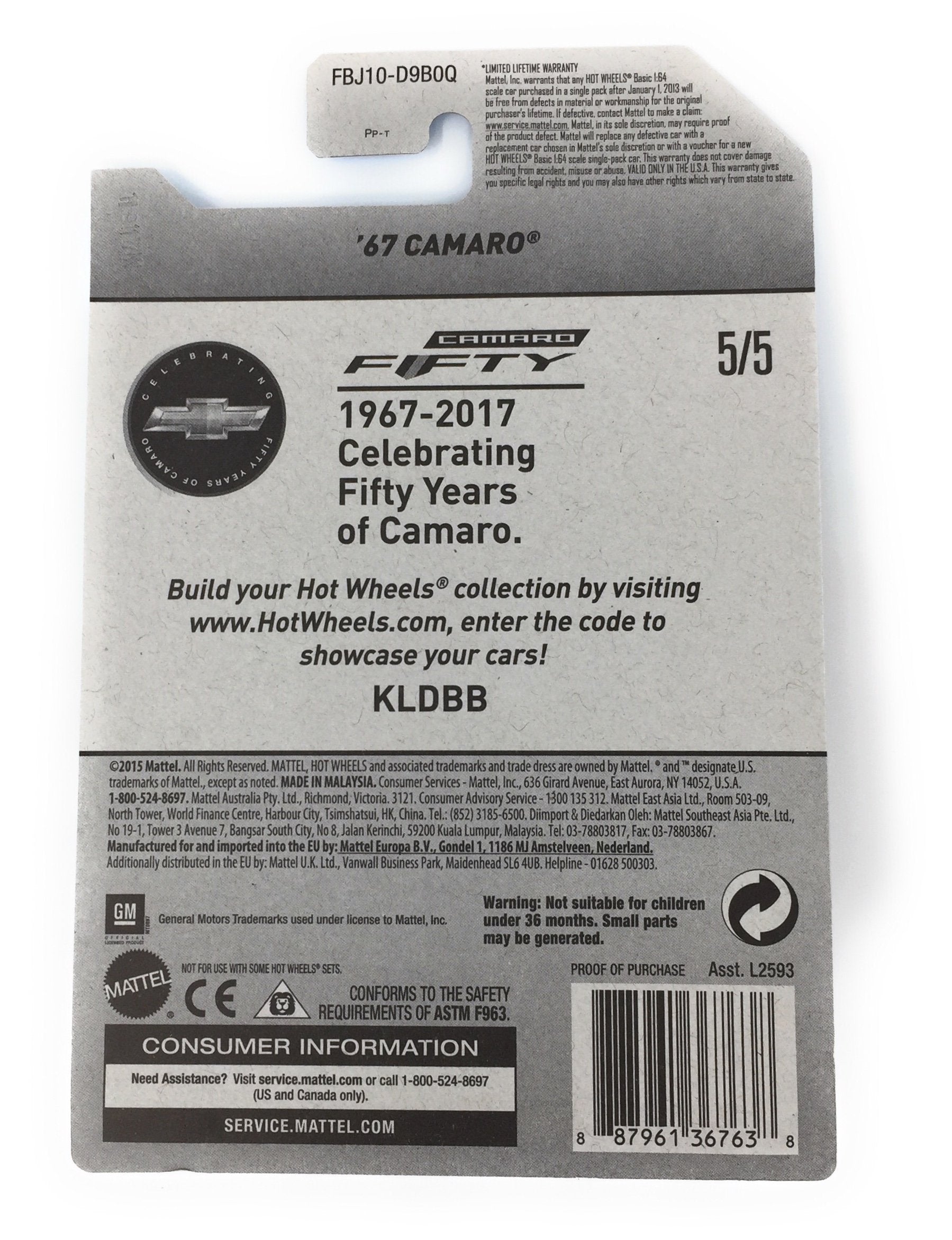 HOT WHEELS #18 2017 ZAMAC CAMARO FIFTY SERIES 5/5 '67 CAMARO DIE-CAST