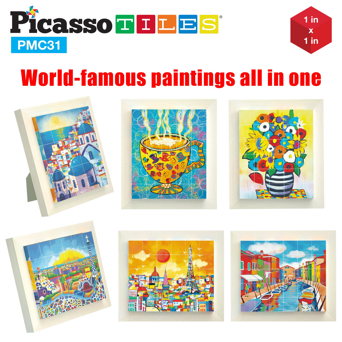 PicassoTiles 6-in-1 World Famous Painting Puzzles Magnetic Cubes Toy_Building_Block, Spain Park Guell, Paris Eiffel Tower, Greece Santorini & More for