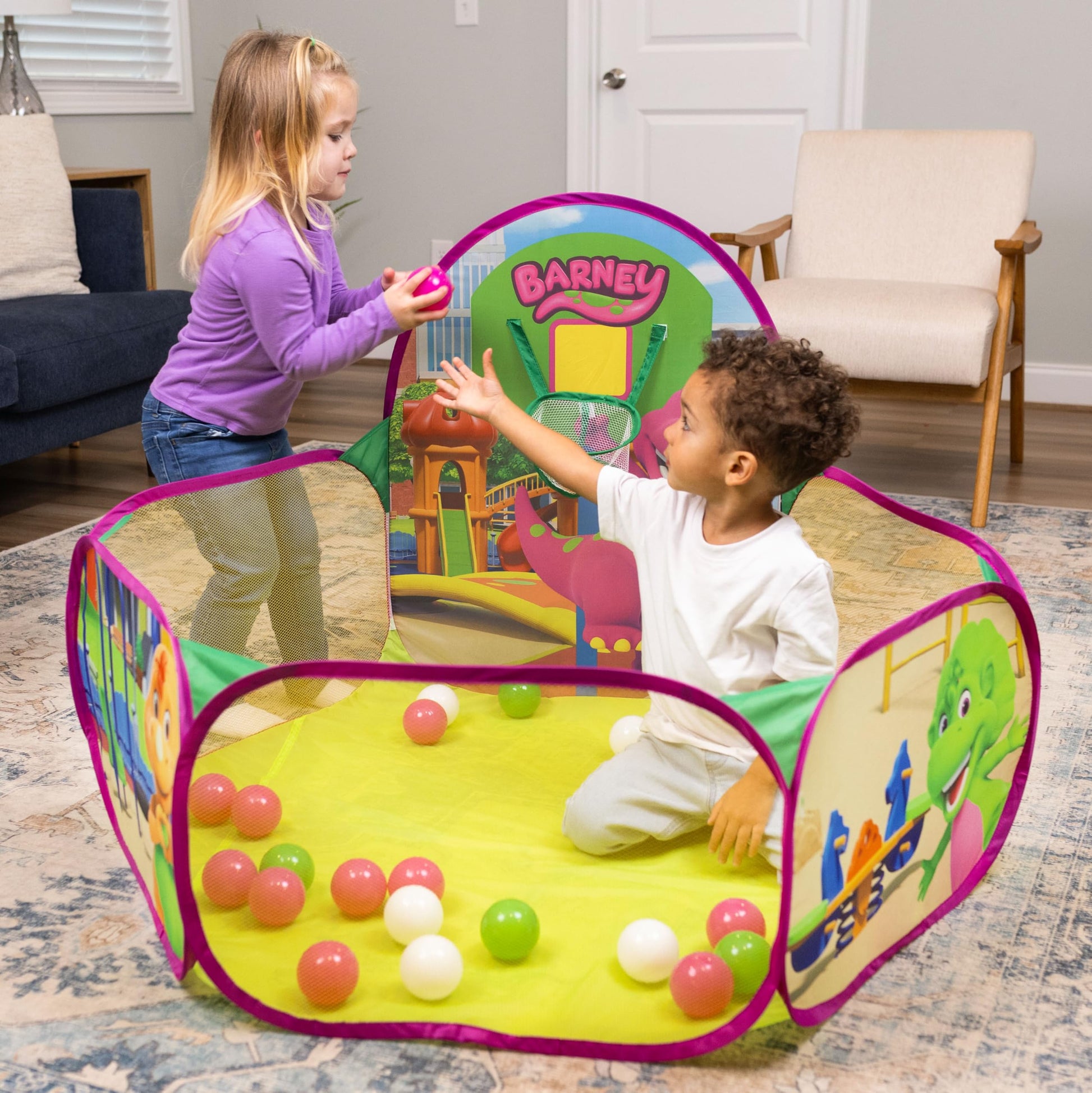 Barney Pop Up Playground, Ball Pit with 25 Play Balls and Basketball Hoop, Toddlers 2+