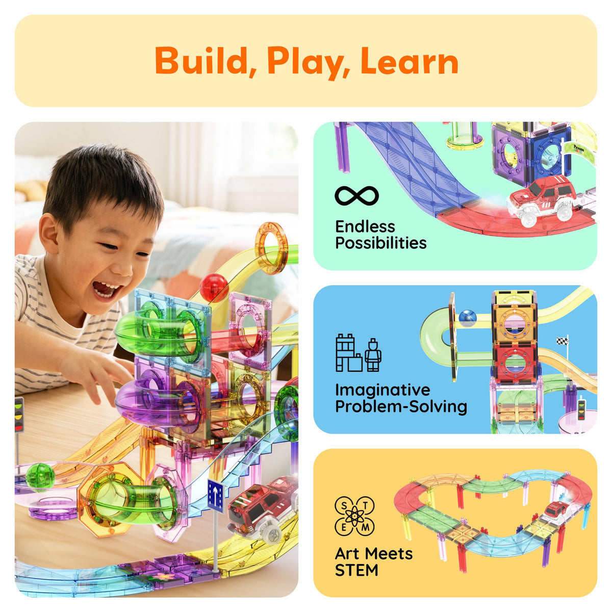 PicassoTiles 131PC Magnetic Tiles, Marble Run, Race Track Building Toy Set