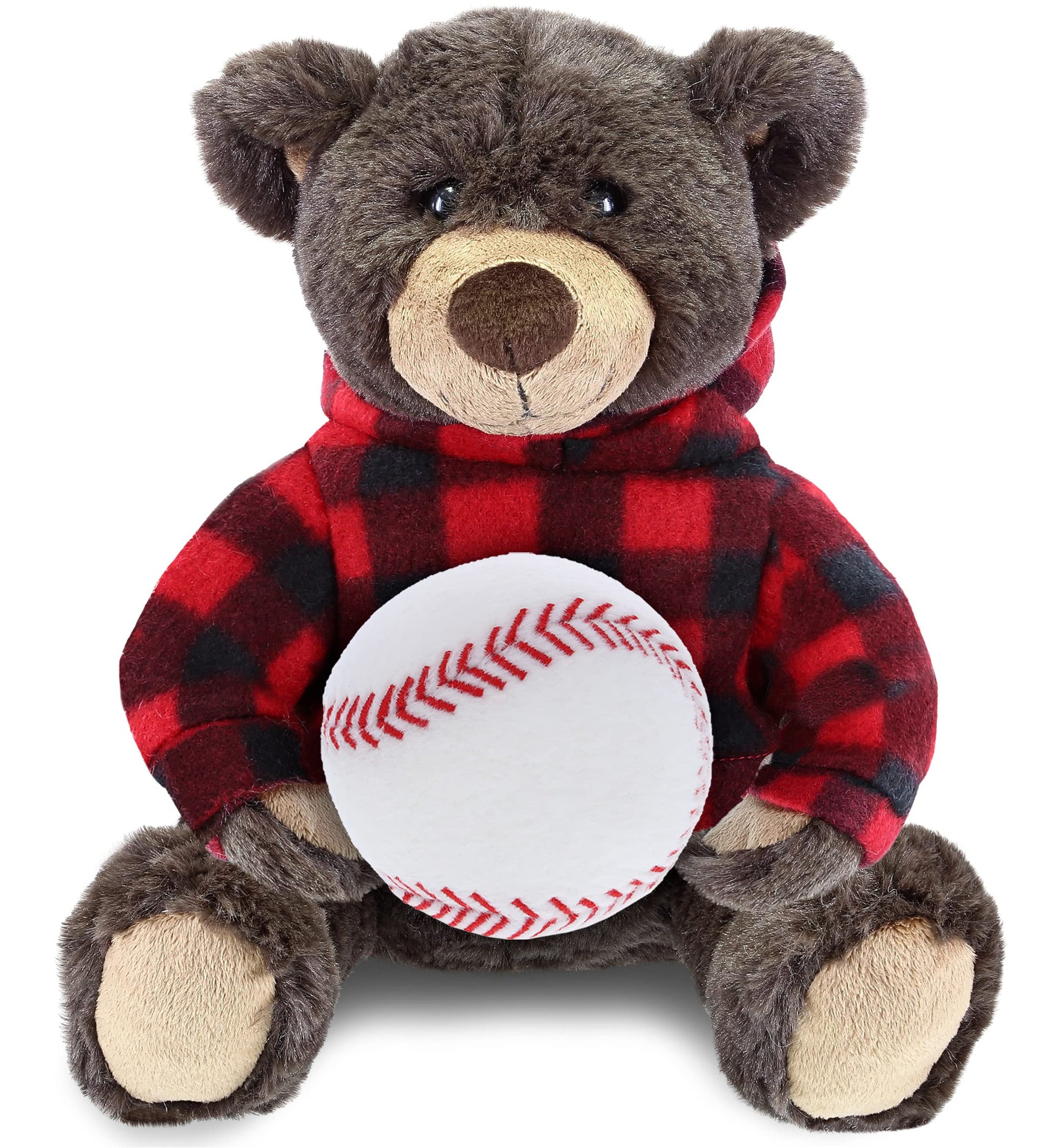 DolliBu Brown Bear Stuffed Animal with Baseball Plush - Soft Huggable Grizzly Bear, Adorable Playtime Teddy Bear Plush Toy, Cute Wild Life Sports Gift