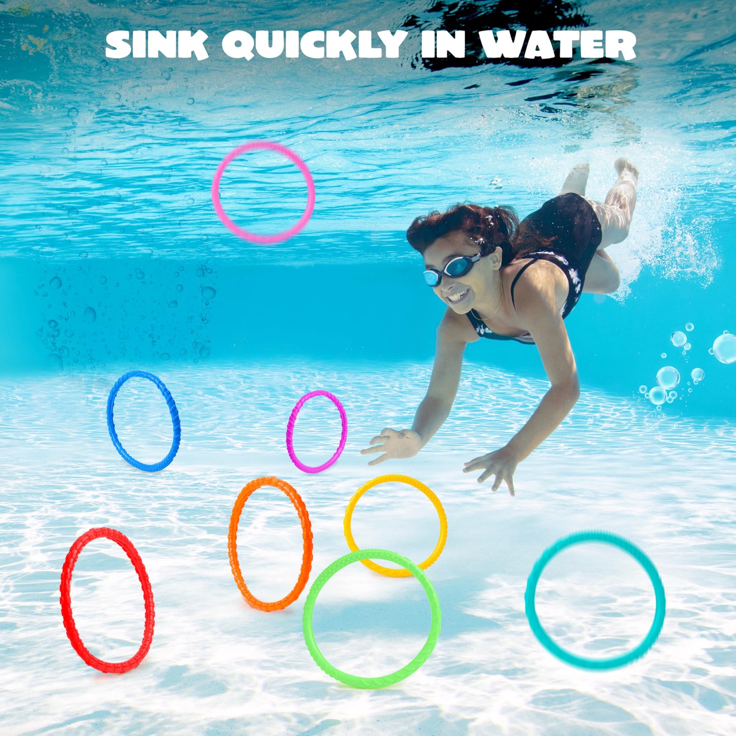 JOYIN Dive Circles Pool Toys, 8 Pcs Colorful Pool Rings for Kids, Underwater Training Swimming Diving Toy for Kids Gifts Summer Swim Water Fun Games